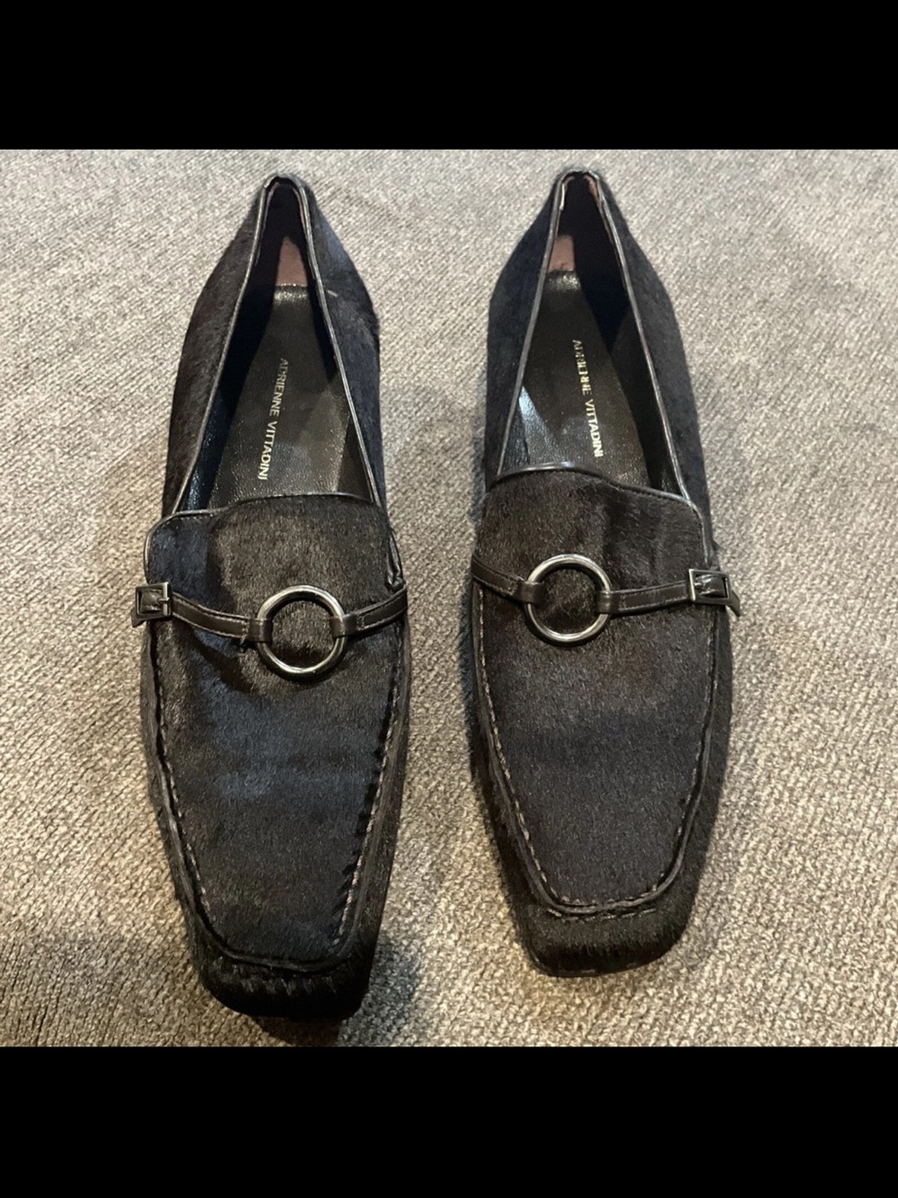 Adrienne Vittadini Black Haircalf Loafers with Ring Bit